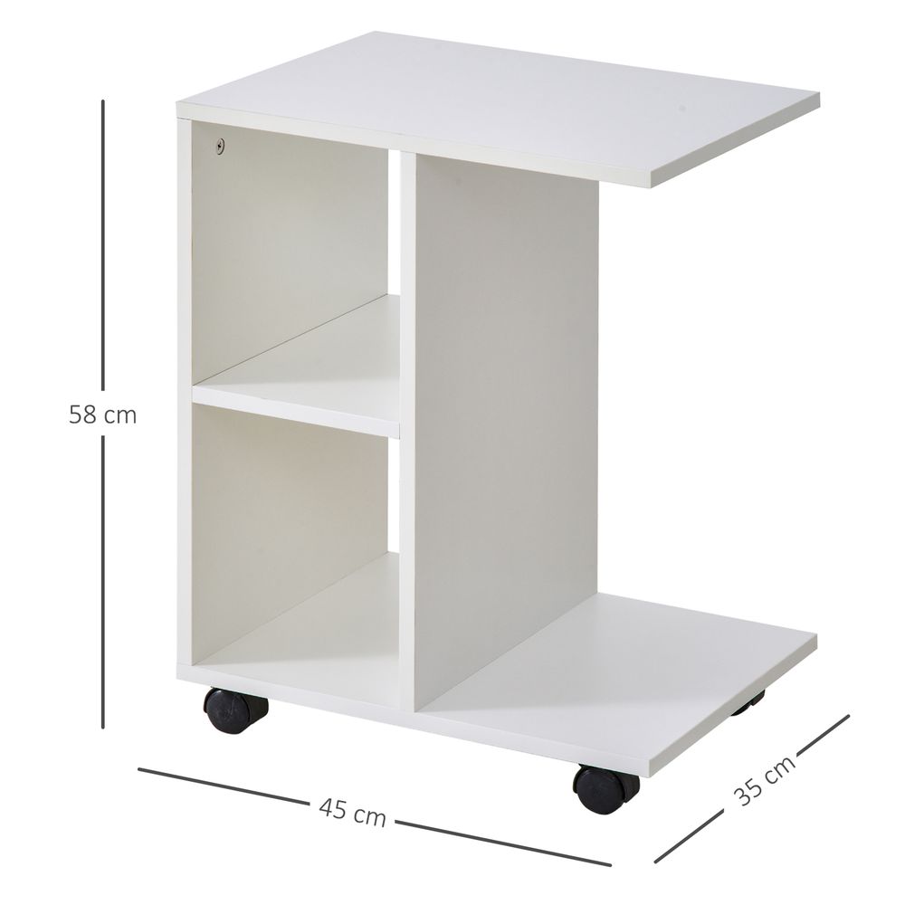 C-Shape End Table – Storage Unit with 2 Shelves and 4 Wheels – White