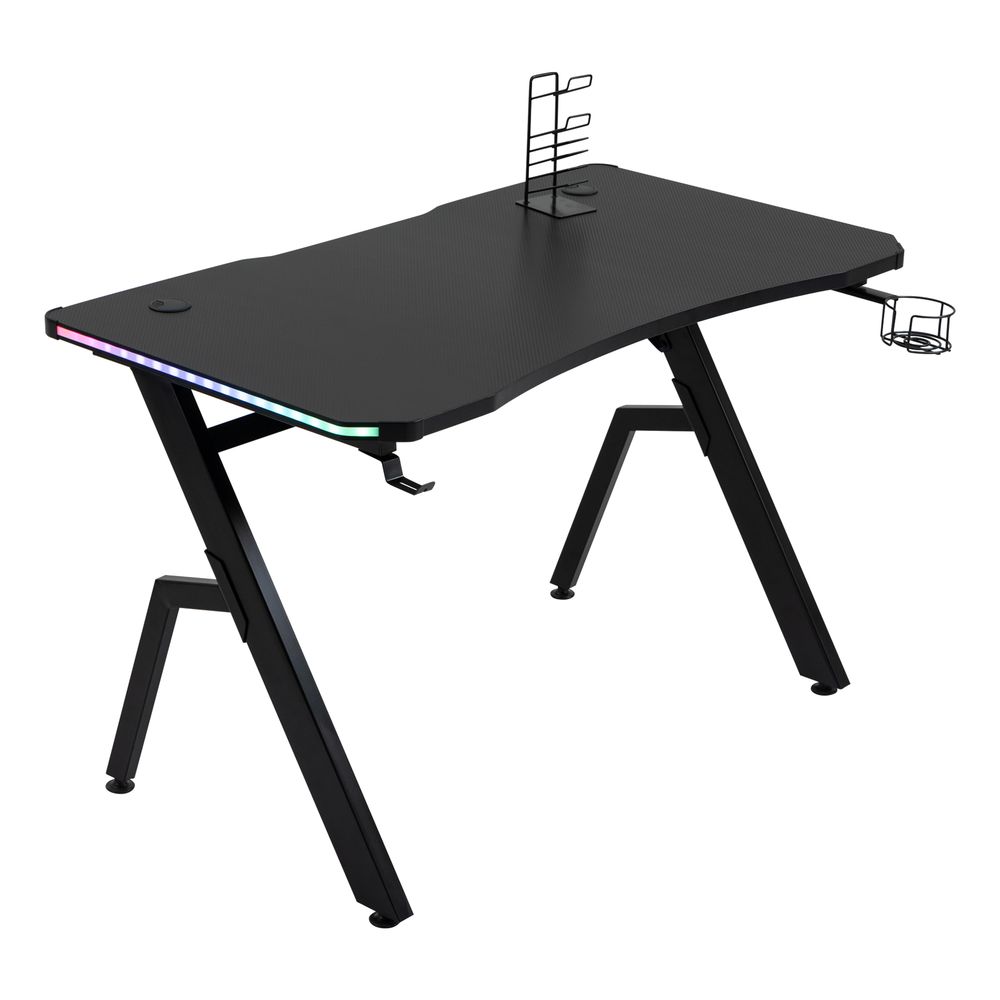 Black Racing Gaming Desk Workstation with RGB LED Lights and Hook for Accessories