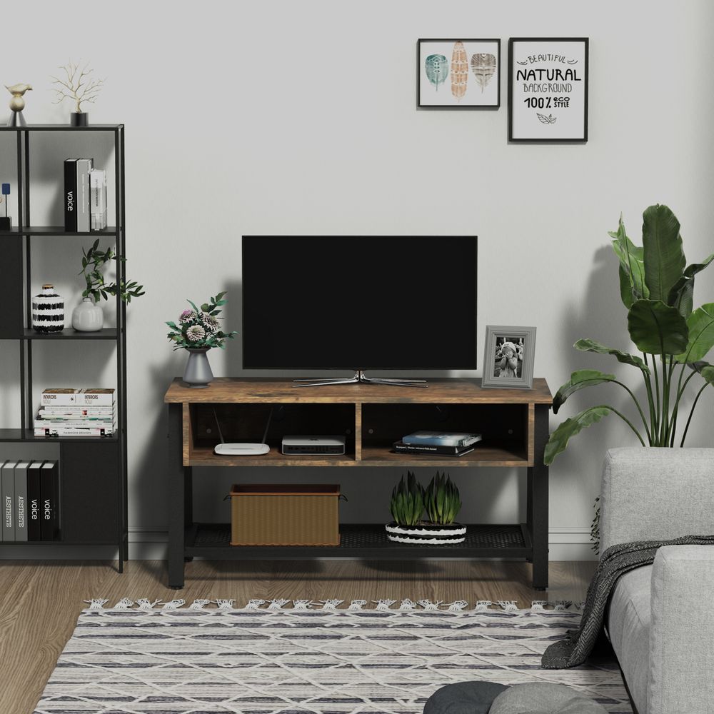 Black and Brown Rubber Wood 3-Tier TV Media Unit, Stylish Storage