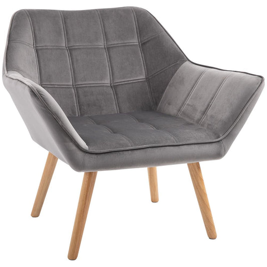 Luxe Velvet-Feel Accent Chair - Wide Arms, Slanted Back Padding, Wood Legs, Grey