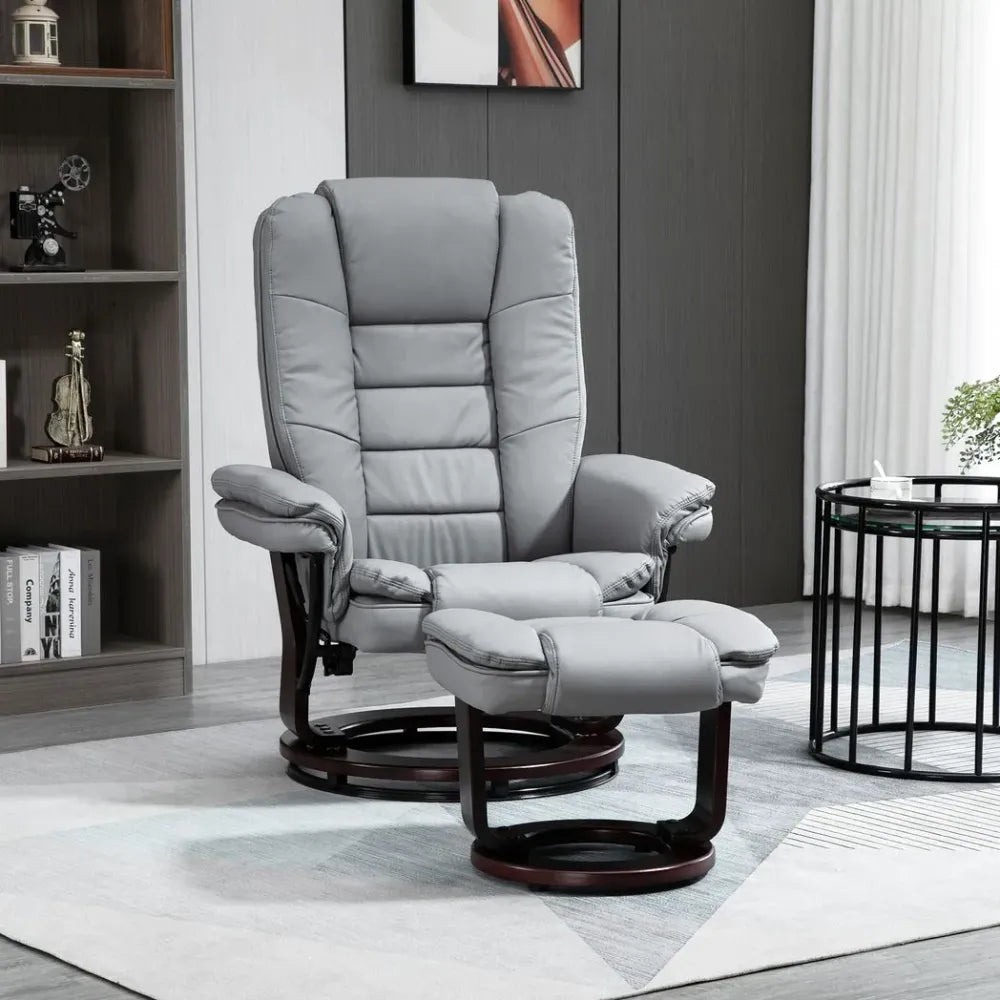 Grey PU Lounge Chair Set with Manual Recliner and Footrest on Sturdy Wooden Base