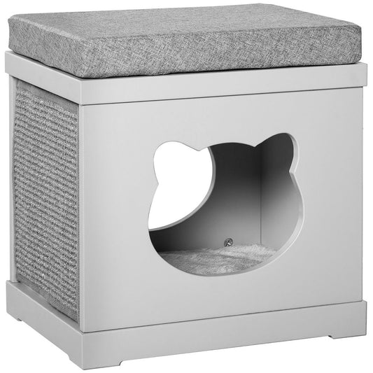 Grey Cat House Bed with Soft Cushion and Sisal Scratching Pad, Ideal for Kittens and Cats