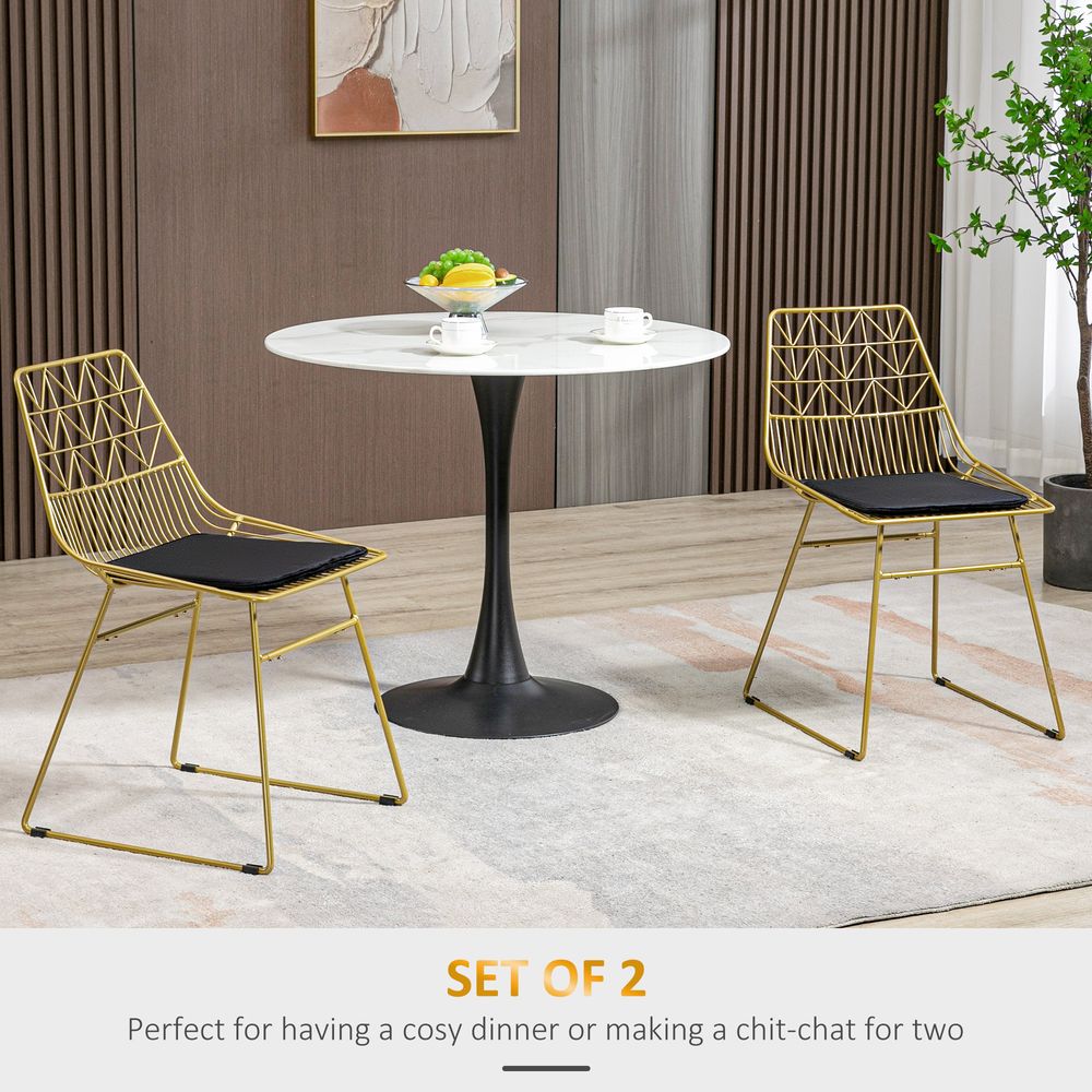 Set of 2 Gold Tone Metal Wire Dining Chairs with Back for Kitchen