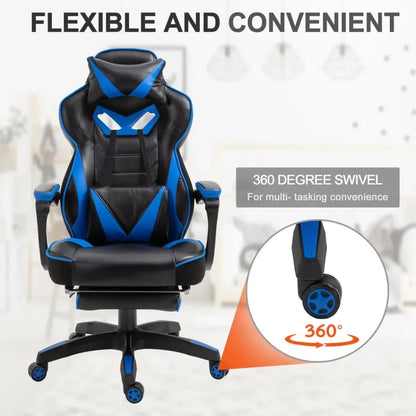 Ergonomic Blue Gaming Chair with Manual Footrest and Wheels for Stylish Offices