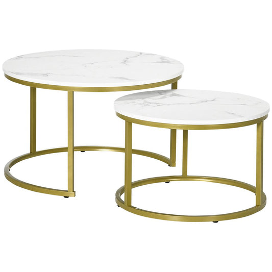 Set of 2 Round Faux Marble Coffee Tables - Stylish Nesting Tables for Living Room Use