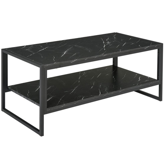 Two-Tier Laminate Marble Print Coffee Table with Metal Frame, Elegant Style