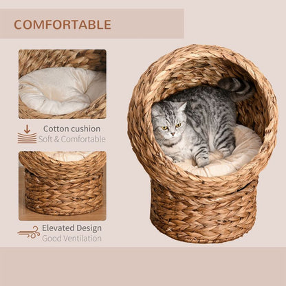 Raised Wicker Cat House with Cylindrical Base, Dimensions 42x33x52cm for Comfort