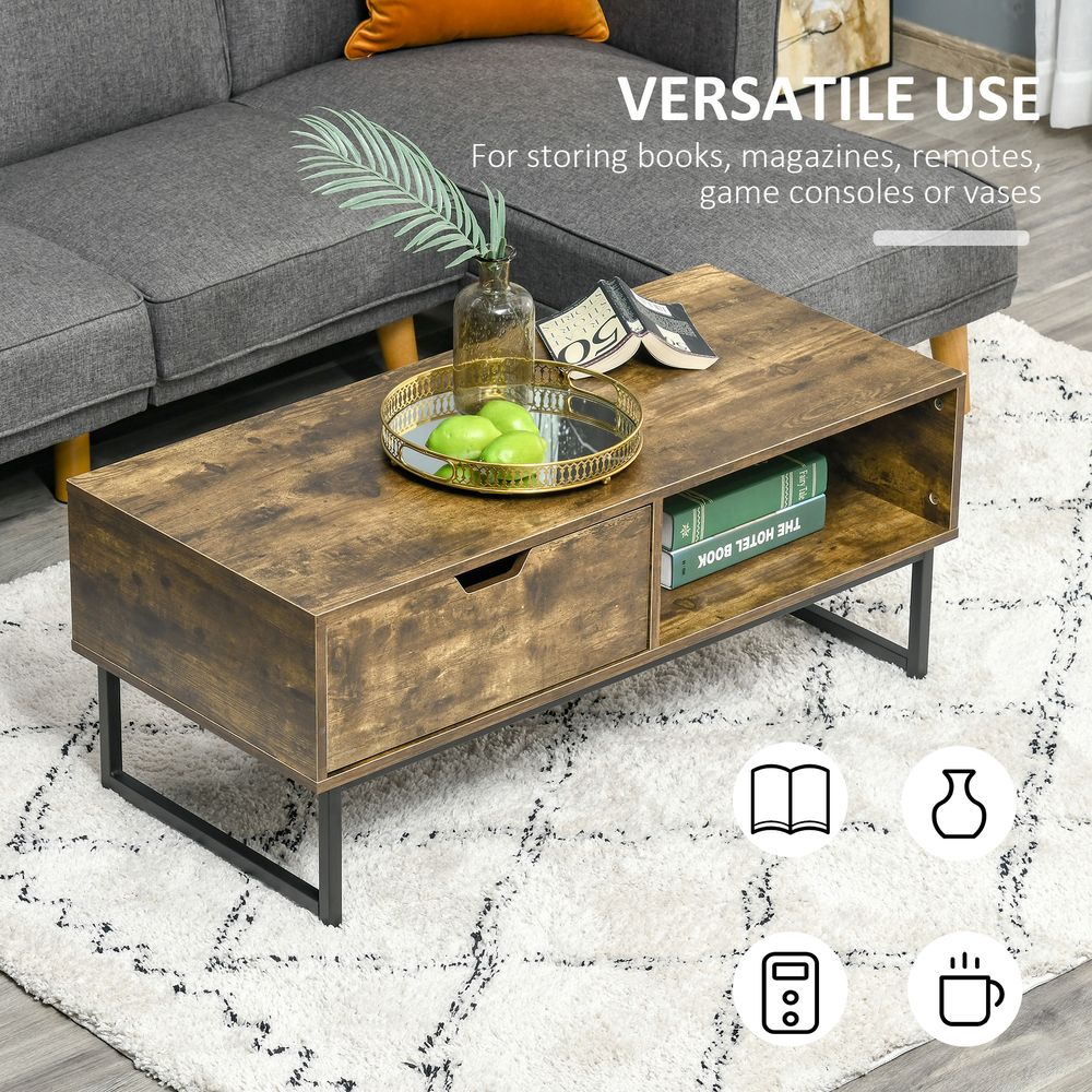 Coffee Table with Wood Finish and Metal Frame, Drawer and Shelf, Brown