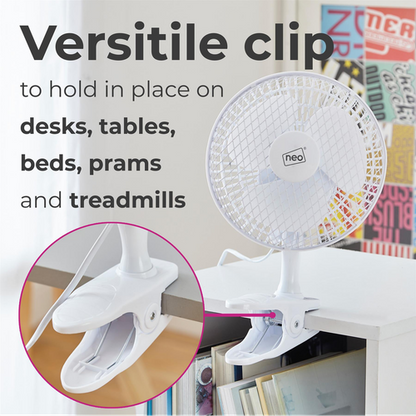 Neo Mini Clip Fan: 6-Inch Adjustable Breeze for Home & Office - White