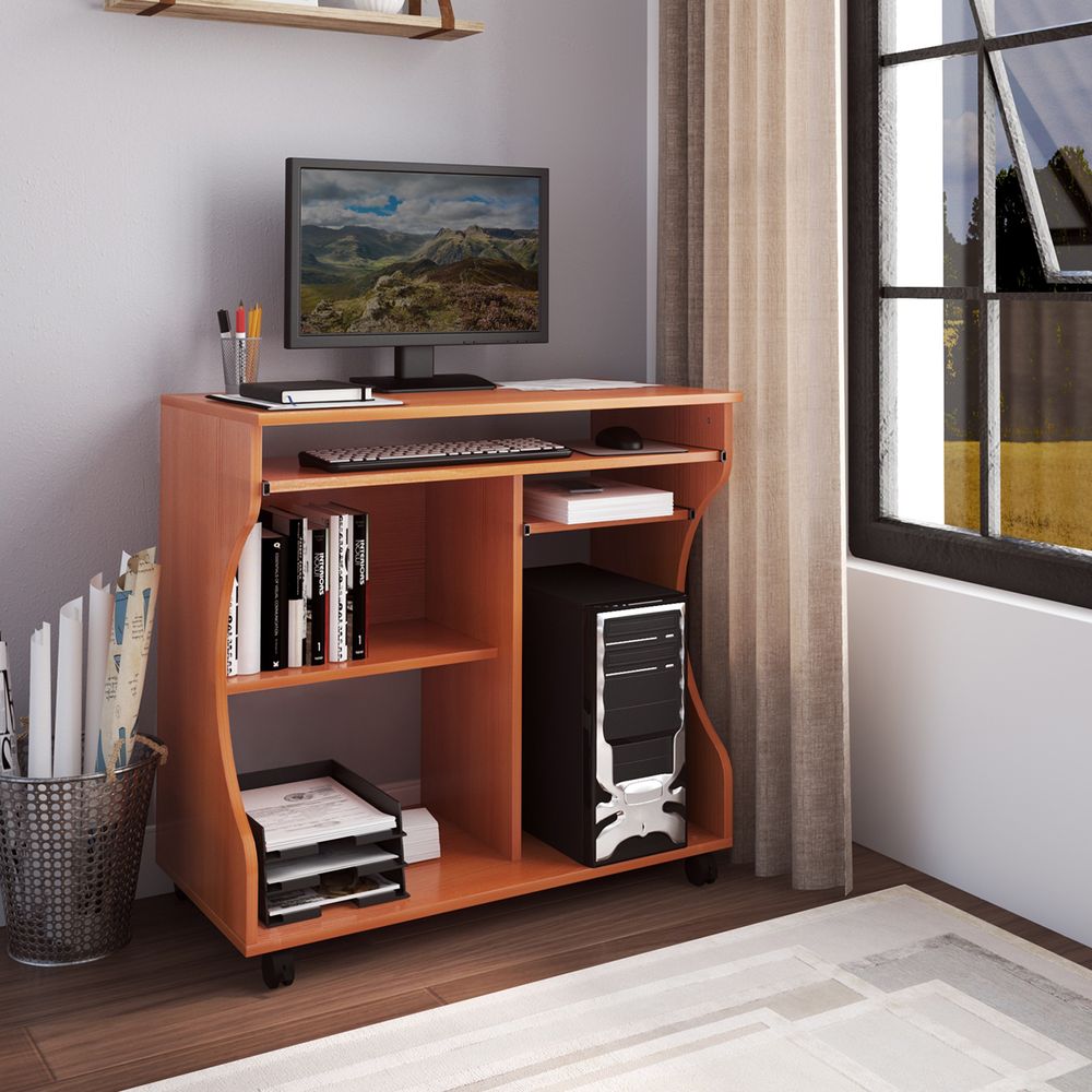 Cherry Wood Computer Desk with Storage Shelf and Wheels for a Stylish Workstation