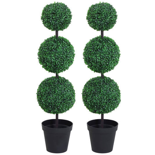 Set of 2 Green Artificial Boxwood Topiary Plants with Three Balls for Decor