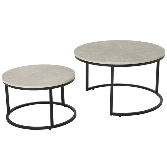 Set of 2 Stacking Coffee Tables with Steel Frame and Marble-Effect Top for Home Aesthetics