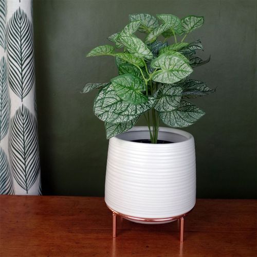 White Ceramic Planter Metal Stand Plant Pot