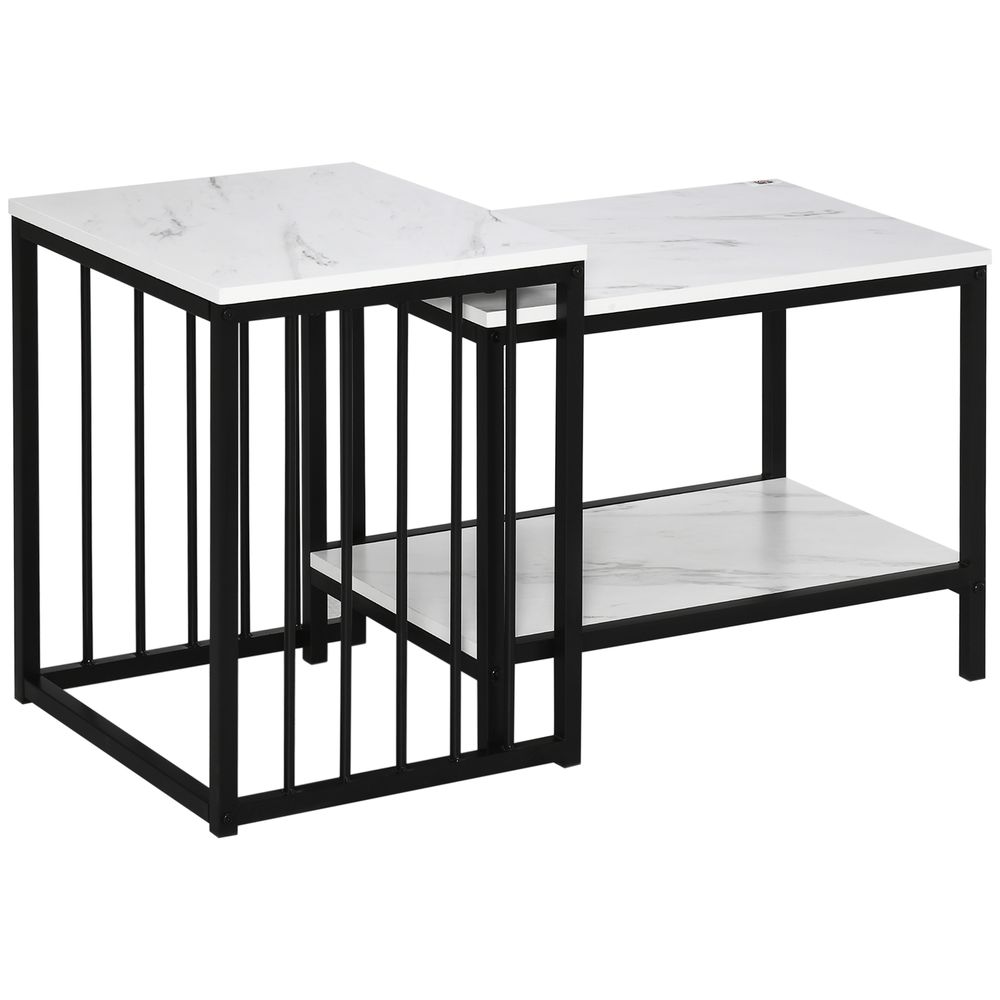 Modern Coffee Table Set of Two with Steel Frame and Marble-Effect, White & Black