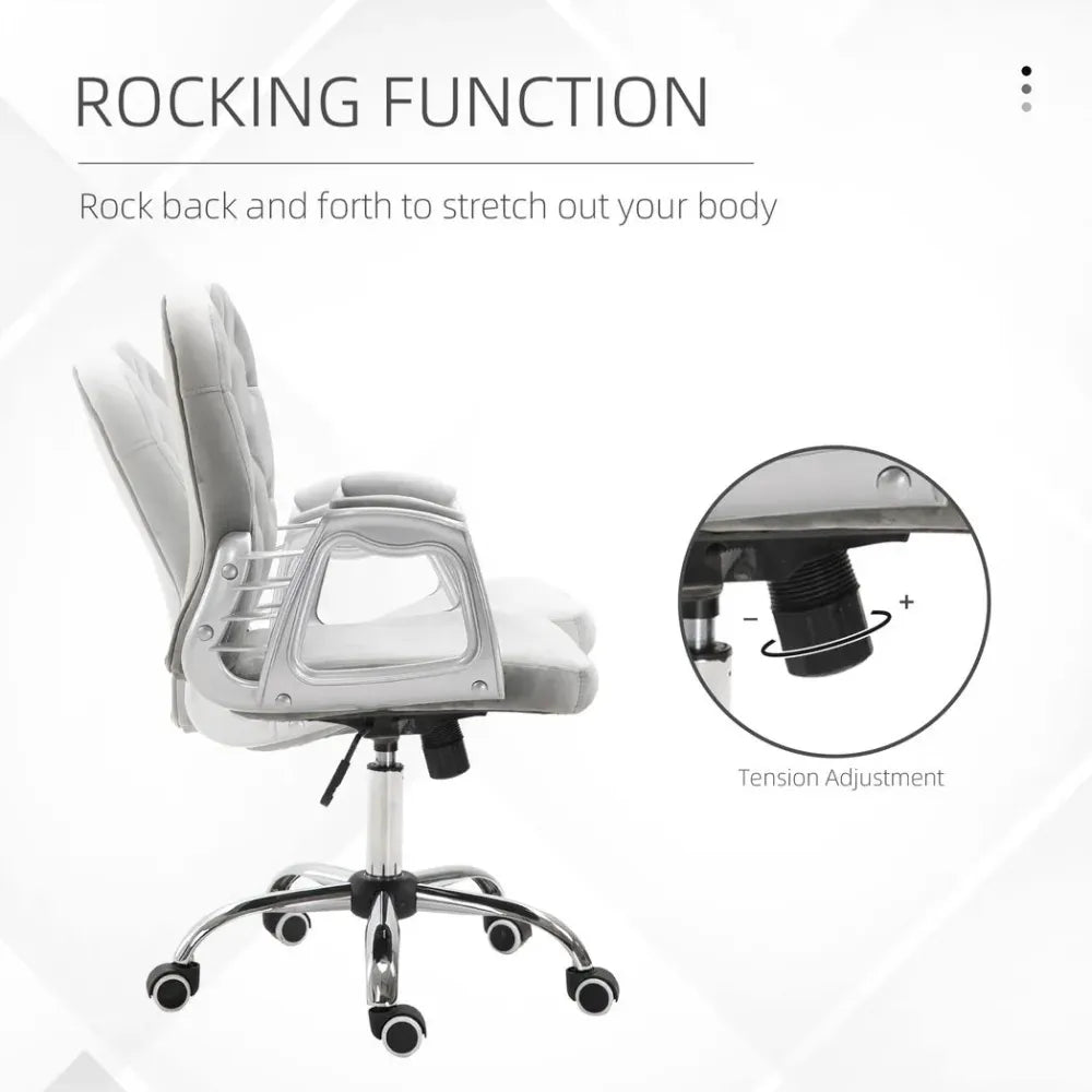 Grey Luxury Velour Office Chair with Diamond Tufted Design and 360° Ergonomic Swivel