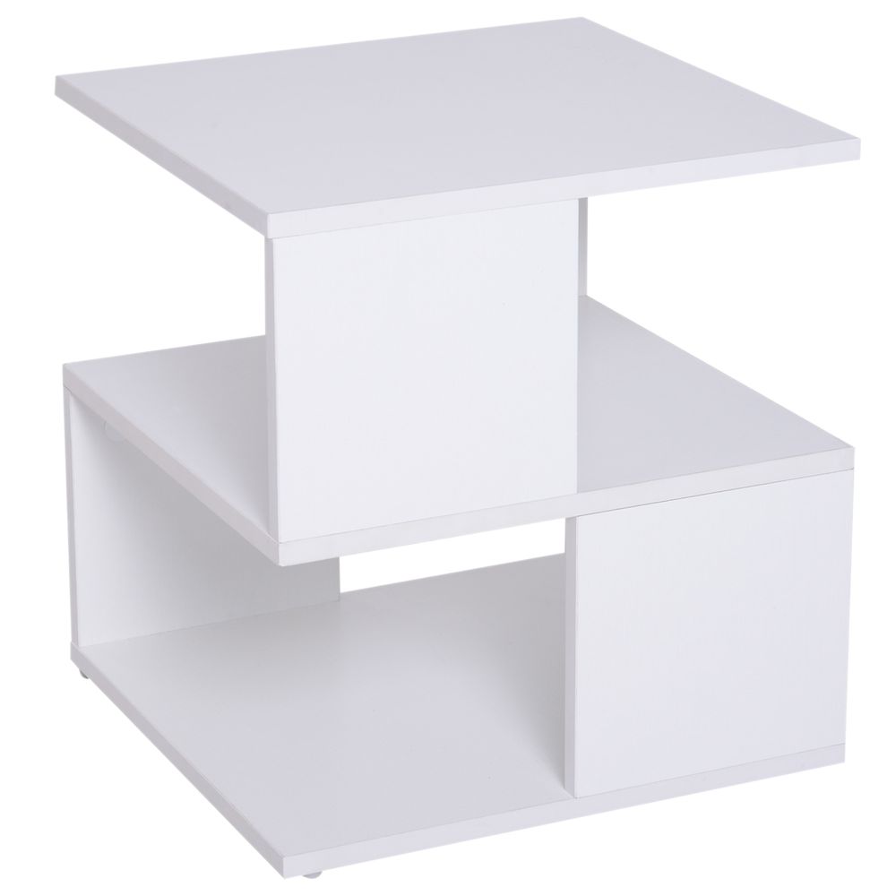 Modern Square Coffee Table with 2-Tier Wood Shelves, White, Storage Rack