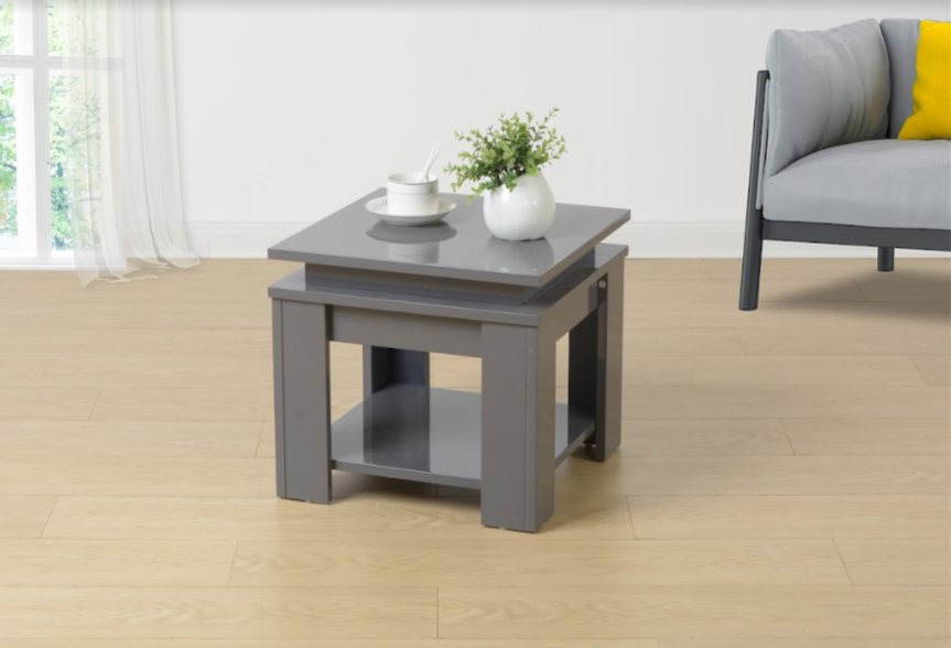 Grey Square Side Table with Blue LED Light, Contemporary Style