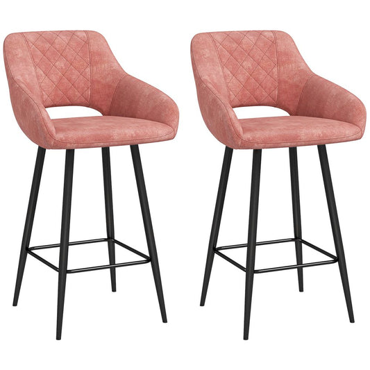 Set of 2 Velvet-Touch Fabric Counter Height Bar Chairs in Pink for Chic Dining