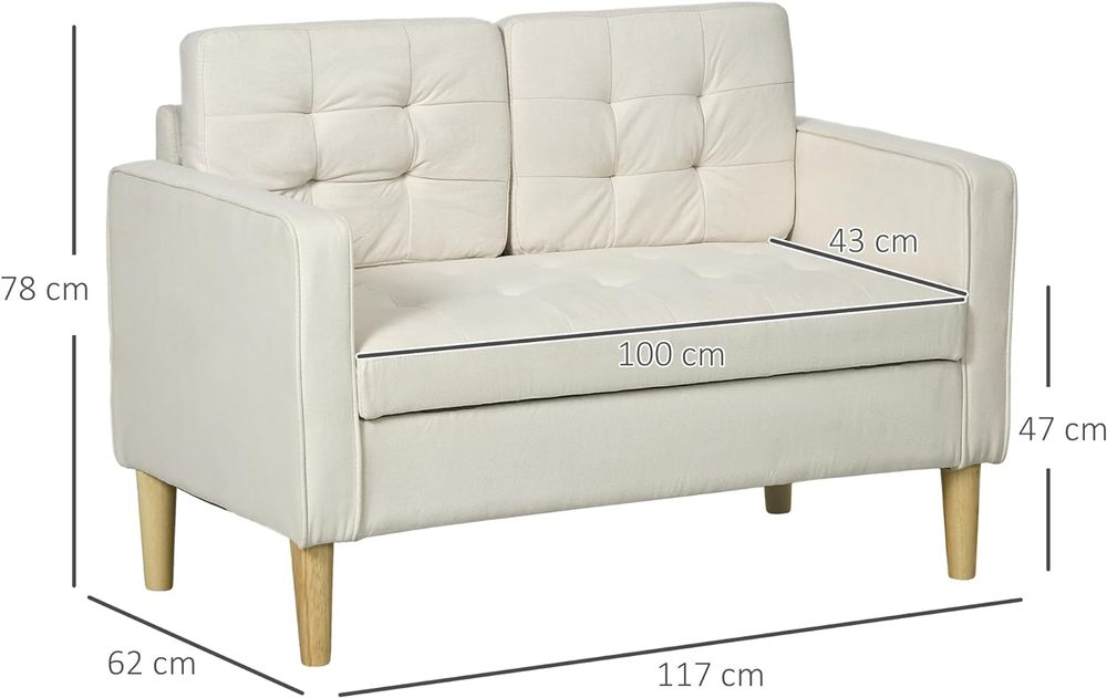 Compact Loveseat 2-Seater Sofa with Storage and Wood Legs, Cream