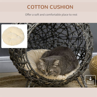 Grey Silver-Tone Rattan Elevated Cat House Basket with Cushion for Comfortable Rest