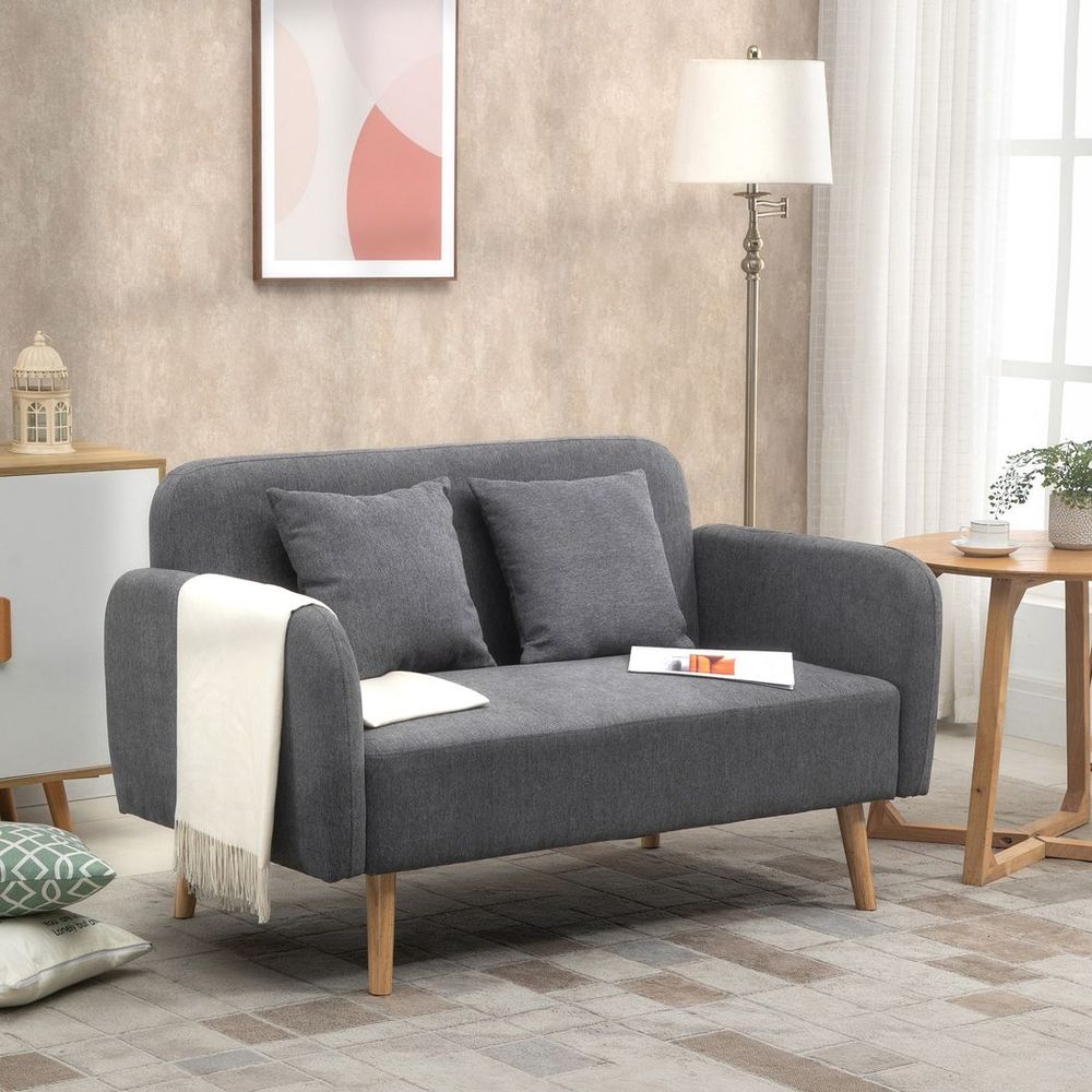 2-Seat Chenille Fabric Loveseat Sofa with Rubberwood Legs in Grey