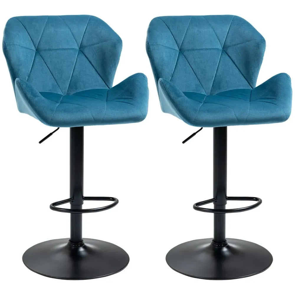 Set of 2 Luxurious Velvet-Touch Bar Stools - Metal Frame, Footrest Base, Blue