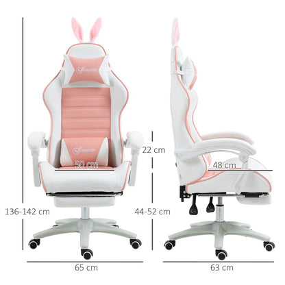 Pink Racing Style Gaming Chair with Footrest and Removable Rabbit Ears for Fun