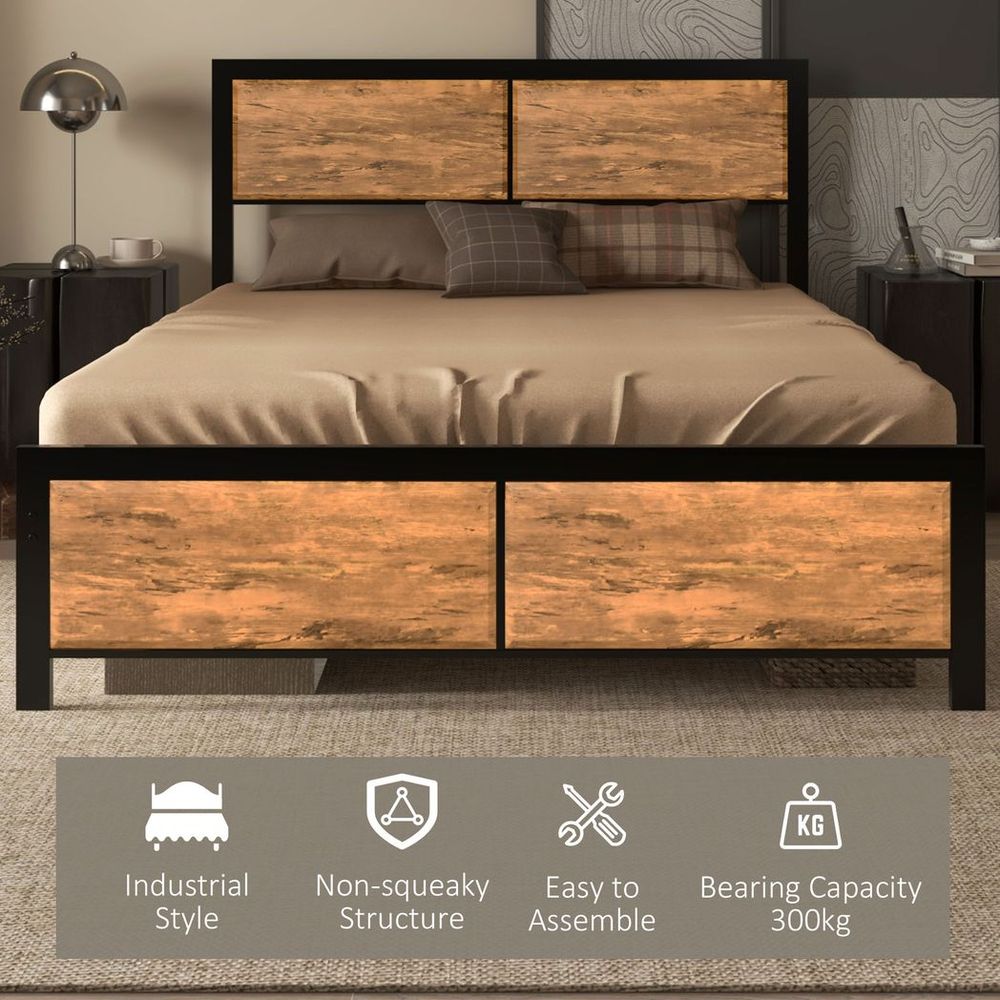 King-Size Steel Bed Frame with Headboard, Measuring 160 x 207 cm in Brown