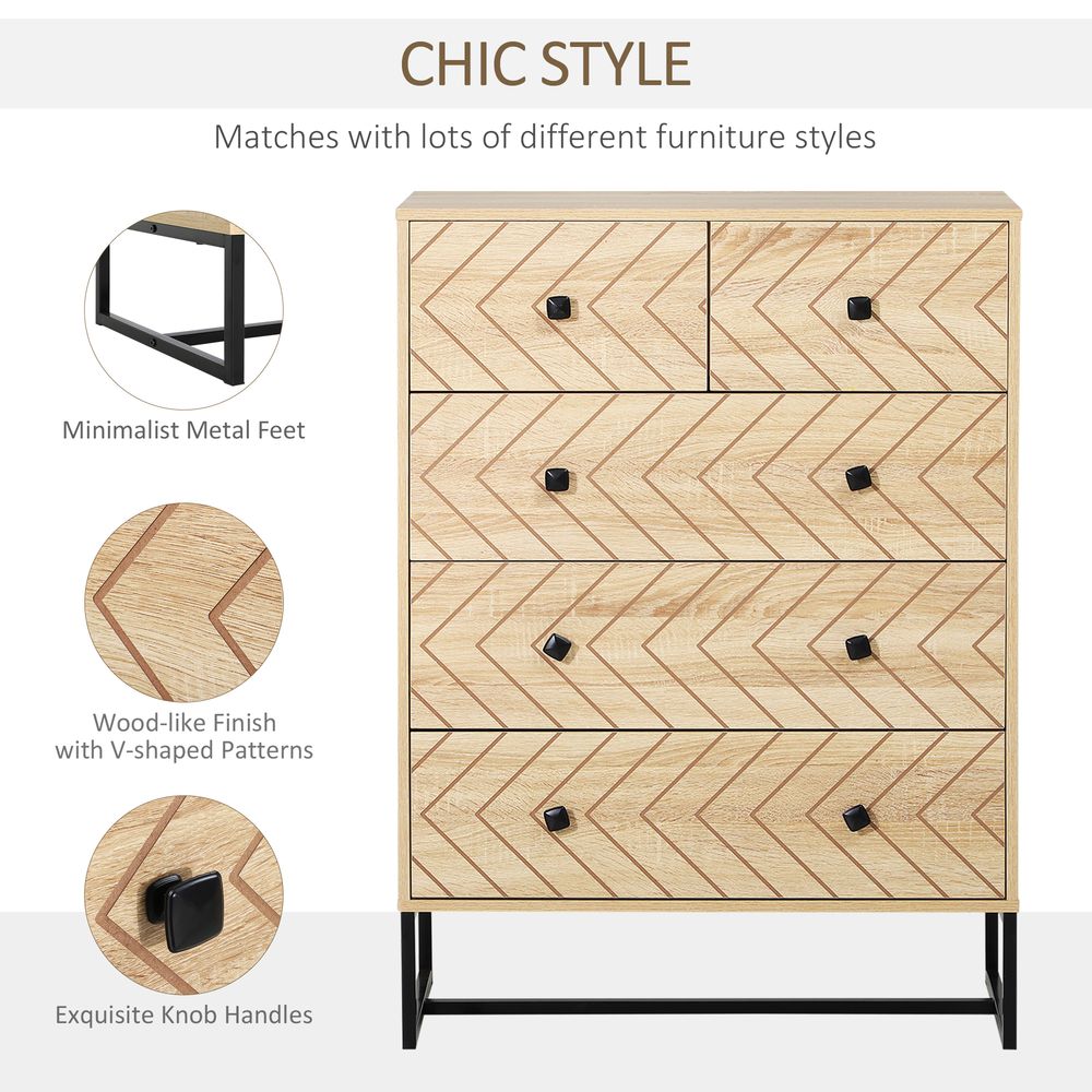 5-Drawer Storage Chest with Zig-Zag Design and Black Metal Handles for Stylish Organisation