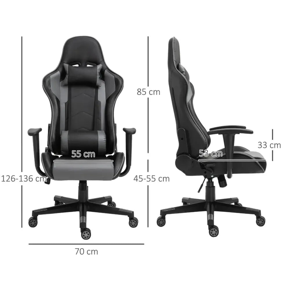 Black PU Leather Gaming Chair with Adjustable Head Pillow and Lumbar Support