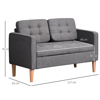 Compact Grey Loveseat Sofa: 2-Seater with Storage & Wooden Legs