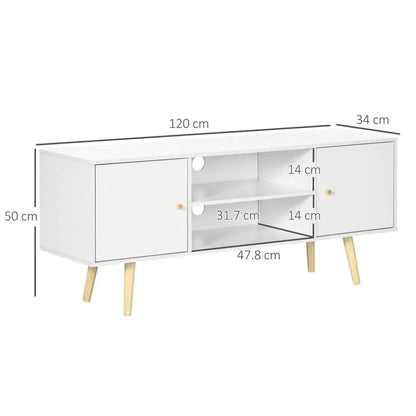 White TV Stand Cabinet with Wood Legs and Cable Management for Living Room Style