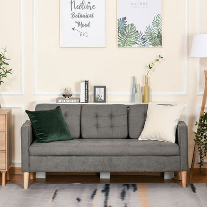 3-Seater Button-Tufted Fabric Sofa - Hidden Storage, Rubberwood Legs