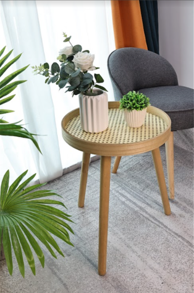 Cane Oak Round Side Table, Classic and Elegant