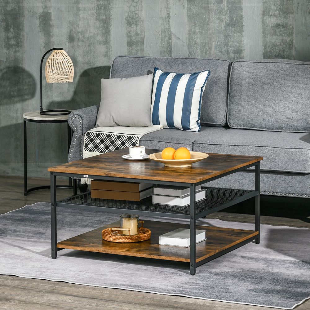 Rustic Brown Industrial Coffee Table with Storage Shelves and Cocktail Design