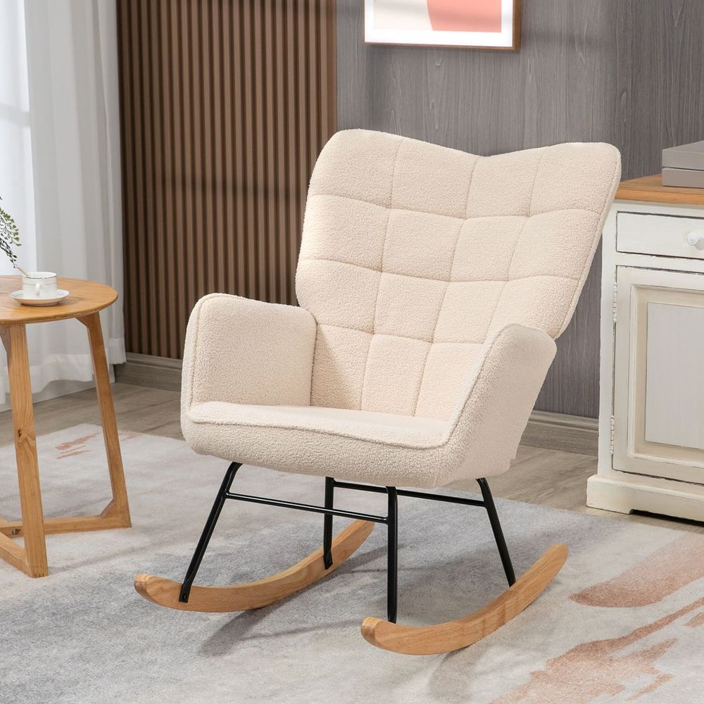 Beige Wingback Rocking Chair with Steel Frame and Wooden Base for Nursing Comfort