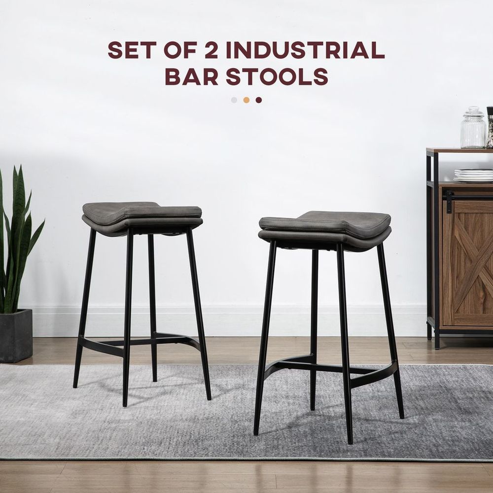 Breakfast Bar Stools – Set of 2 Upholstered Barstools with Curved Seat – Grey