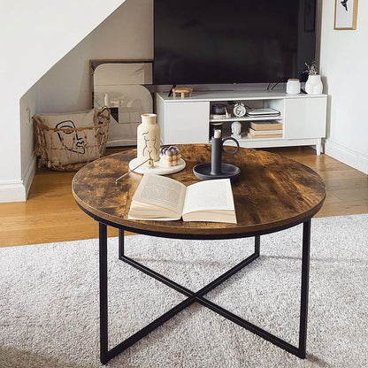 Rustic Brown Industrial Round Side Table with Metal Frame and Large Top