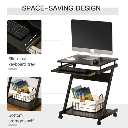 Movable Black Computer Desk with 4 Wheels and Sliding Keyboard Tray for Flexibility