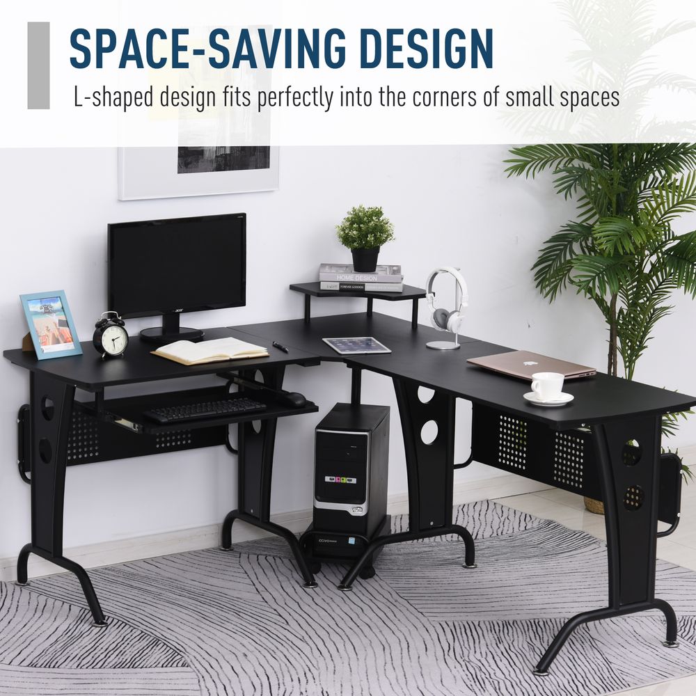 Black Steel Frame Corner Office Desk for Space-Saving Work and Gaming Setup