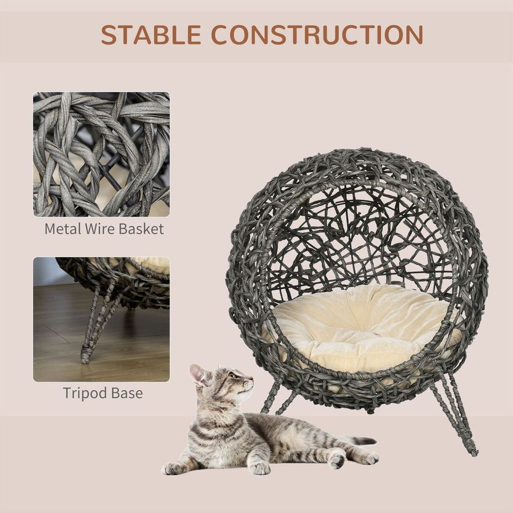 Grey Silver-Tone Rattan Elevated Cat House Basket with Cushion for Comfortable Rest