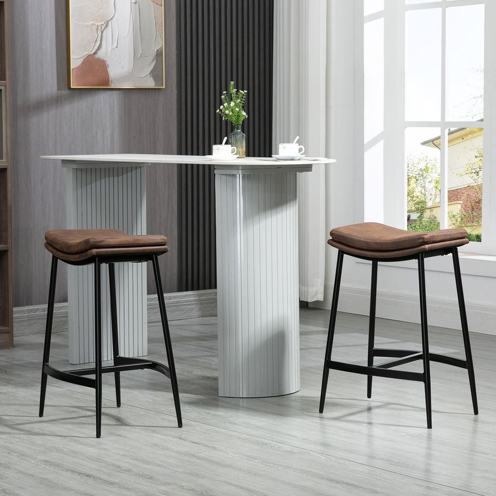 Breakfast Bar Stools – Set of 2 Upholstered Barstools with Curved Seat – Brown