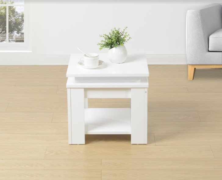 White Square Side Table with Blue LED Light, Modern and Stylish