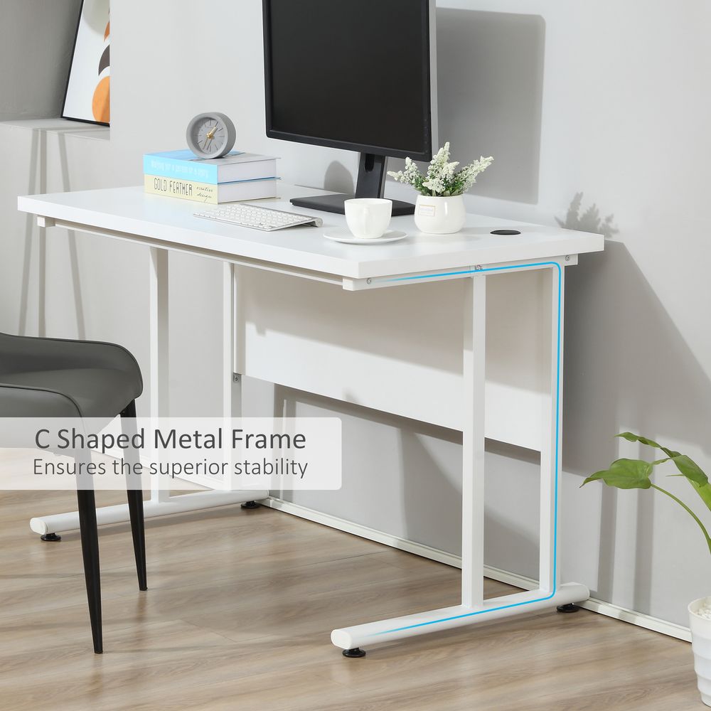 White Writing Desk with 2 Cable Management Holes and Metal Legs for Tidy Workspaces