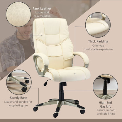 White Faux Leather Executive Office Chair with Swivel Wheels, Stylish and Comfortable