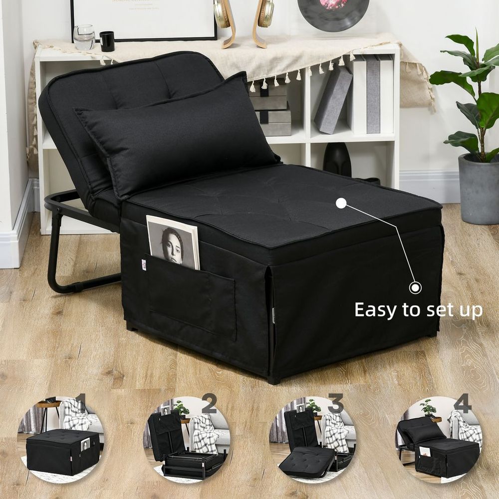 Black Folding Sleeper Chair Bed with Pillow and Side Pockets, Perfect for Guest Comfort