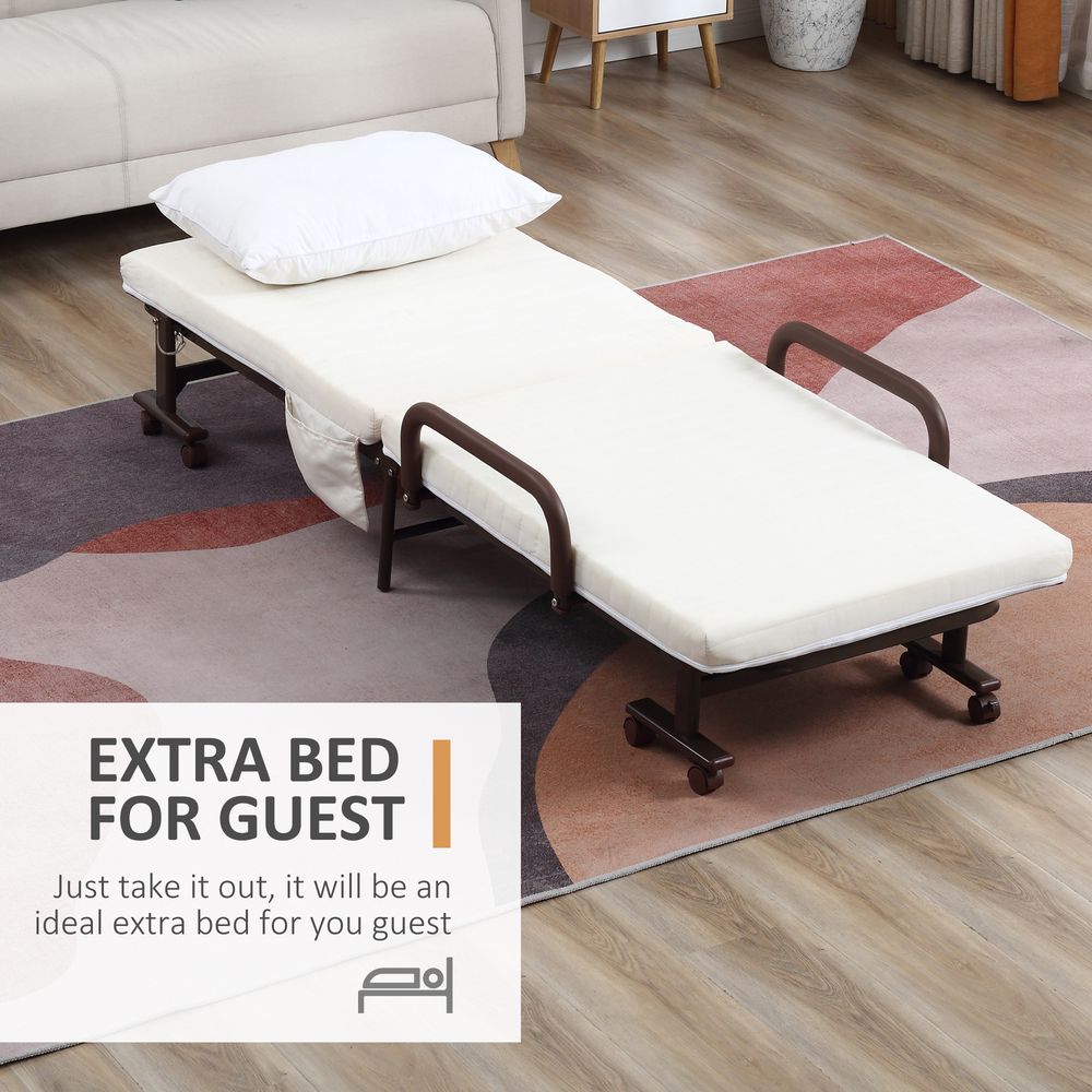 Brown Folding Bed with Mattress and Wheels, Adjustable Backrest for Comfortable Guest Sleep