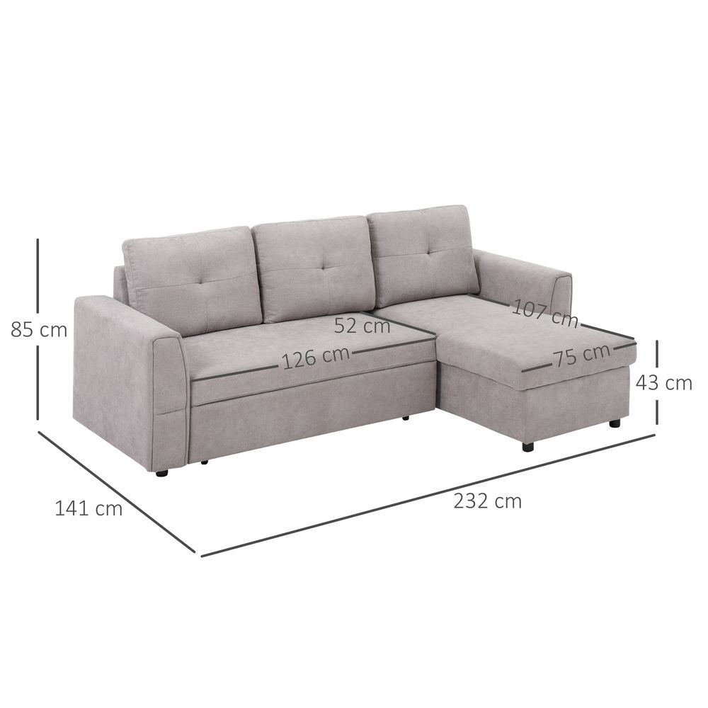 Linen-Look L-Shaped Sofa Bed with Storage and Flat Sleeper, Grey Studio