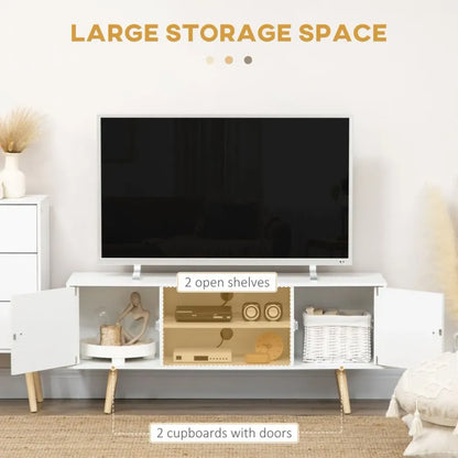 White TV Stand Cabinet with Wood Legs and Cable Management for Living Room Style