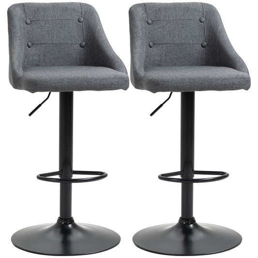 Set of 2 Grey Swivel Bar Stools: Adjustable Height Fabric Chairs